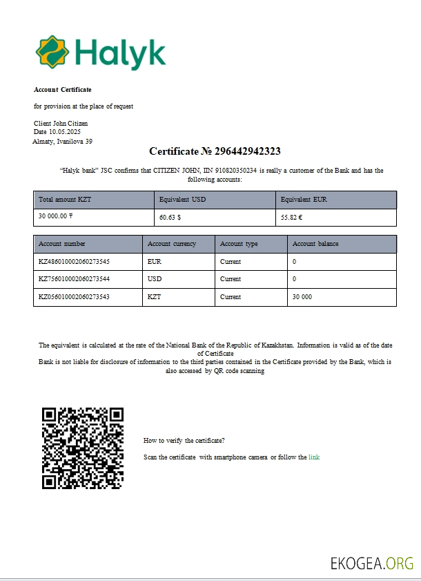Certificat de compte bancaire Kazakhstan Halyk scr